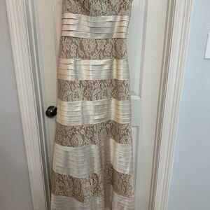 BCBGMaxAzria Strapless Lace Dress in Cream and Tan